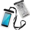 Two waterproof phone pouches, one with a phone inside and the other with water droplets on it.
