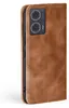 A close-up side view of a brown leather flip phone case for a Motorola G35 5G. Produktbild-Vorschau