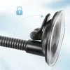 A close-up of a black suction cup mount with a flexible gooseneck arm, against a light blue and white gradient background. A blue lock icon and a dotted arrow indicating movement are overlaid on the image. Voir les images du produit