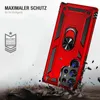 A red phone case with a ring holder is shown in a dynamic, action-oriented scene, with debris flying around it, suggesting durability and protection. Produktbild-Vorschau