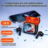 A smartphone and a pair of wireless earbuds with their charging case are displayed against a light blue background. Text overlays highlight product features. Produktbild-Vorschau