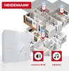 A 3D diagram of a house interior showing placement of wireless gongs, with a product shot and feature callouts. Produktbild-Vorschau