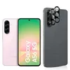 Three smartphones are displayed against a white background. One is pink and shows its rear camera array. Another is a screen display with text. The third is gray and shows its rear camera array with protective lens covers. Produktbild-Vorschau