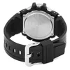 A close-up view of the back of a black G-Shock watch, showing the metal case back and the rubber strap with a buckle. Produktbild-Vorschau