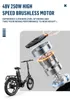An exploded view of an electric bike motor next to a folded electric bike. Produktbild-Vorschau