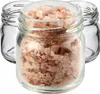 Three small glass jars, one filled with pink salt crystals, are arranged on a white background. Podgląd zdjęcia produktu