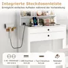 A white vanity table with integrated power outlets and charging features, showcasing a hairdryer and electronic devices being charged. Podgląd zdjęcia produktu