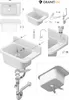 Diagrams and illustrations showing the assembly and features of a white sink. Anteprima dell’immagine prodotto