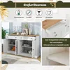 A white sideboard with a wooden top, featuring open doors and drawers, showcasing its storage capacity. Icons and text highlight its features. Produktbild-Vorschau