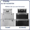 A display of two sets of three aluminum storage boxes, one set in silver and the other in black, presented side-by-side. Produktbild-Vorschau