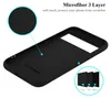 The inside of a black phone case is shown, with close-up insets highlighting the microfiber lining and the 3-layer construction. Anteprima dell’immagine prodotto