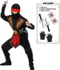 A child wearing a ninja costume, posing with toy weapons, next to a graphic listing the costume's included accessories. Anteprima dell’immagine prodotto