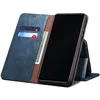 A blue leather flip wallet case for a smartphone is shown open, displaying card slots and a stand feature. Produktbild-Vorschau