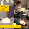A collage showing a MyBeo whale night light in different settings: on a table, with a child playing, and with a child sleeping. Produktbild-Vorschau