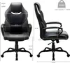 Two views of a black ergonomic gaming chair with dimensions indicated by text and lines. Produktbild-Vorschau