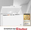 A white chest freezer with its lid open, displaying internal compartments. A golden award badge is visible to the right. Produktbild-Vorschau