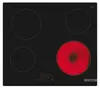 A top-down view of a black ceramic glass cooktop with four heating elements. One element is glowing red, indicating it is active. Produktbild-Vorschau