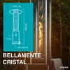 A tall gas heater with flames visible inside a glass enclosure, set against a backdrop of bamboo plants. A teal-colored overlay provides product specifications. Produktbild-Vorschau