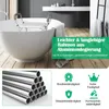 A shower chair is placed in a bathtub, with marketing text overlaid on the right side of the image. A close-up of metal tubes is shown in the bottom left corner, and icons with text are in the bottom right. Podgląd zdjęcia produktu