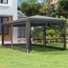 A party tent with mesh sides is set up on a green lawn in front of a house. Produktbild-Vorschau