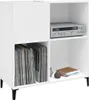 A white shelving unit with compartments, one holding a stereo receiver and another holding vinyl records. Náhled obrázku produktu