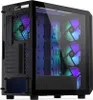 A black computer tower case with RGB lighting visible through a tempered glass side panel. Produktbild-Vorschau