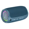 A blue portable speaker with colorful LED lights on a white background. Produktbild-Vorschau