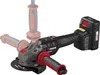 A cordless angle grinder with a battery pack attached, shown from a side-angle. Three possible positions for the auxiliary handle are indicated by ghosted images. Produktbild-Vorschau