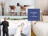 A collage of images showing a dining table setting, a couple holding a large heart banner, and a bed with white linens. Produktbild-Vorschau