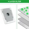 A split image showing a vacuum cleaner dust bag on the left and a diagram of its four-layer filter on the right. Náhled obrázku produktu