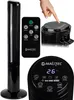 A collage of a black tower fan and its remote control, with close-ups of the fan's control panel and a hand pressing a button on the remote. Anteprima dell’immagine prodotto