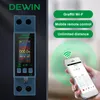 A digital energy meter is shown next to a smartphone displaying app information, with feature callouts in green bubbles. Produktbild-Vorschau