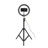 A black ring light with a smartphone mounted in the center, attached to a black tripod stand. The product is shown against a plain white background. Produktbild-Vorschau
