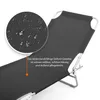 A close-up view of a black foldable sun lounger, highlighting its fabric texture and water-repellent properties, with text describing its features. Produktbild-Vorschau