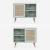Two images of a light green sideboard with a rattan front panel and wooden legs, presented against a white background. Produktbild-Vorschau
