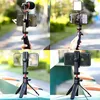 Collage of four images showing a smartphone tripod mount with accessories. Produktbild-Vorschau