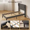 A dark gray upholstered bed frame with a wingback headboard is shown in a room with wooden floors and white curtains. Three close-up insets highlight specific features of the bed. Anteprima dell’immagine prodotto