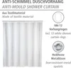 A white textile shower curtain with information about its features and included accessories. Náhľad obrázku produktu