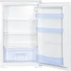 An open, empty white refrigerator with clear shelves and a clear crisper drawer. Produktbild-Vorschau