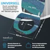 A toilet seat with a mosaic tile pattern, shown open and with dimensions indicated. Produktbild-Vorschau