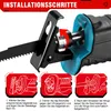 Close-up of a reciprocating saw blade being installed, with three inset diagrams illustrating the steps. Produktbild-Vorschau