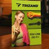 A woman is posing with resistance bands and a towel, with the brand logo and slogan visible. Produktbild-Vorschau