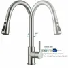 A stainless steel kitchen faucet with a pull-down sprayer, shown in two positions to indicate its 360-degree rotation capability. A diagram illustrating the ceramic valve and its properties is also included. Produktbild-Vorschau