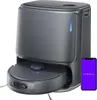 A robotic vacuum cleaner and its charging station are shown on a white background, with a smartphone displaying the brand logo next to it. Anteprima dell’immagine prodotto