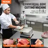 A chef is using a commercial bone cutting machine in a kitchen. The image also features smaller inset images of different types of meat and fish. Anteprima dell’immagine prodotto