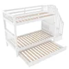 A white bunk bed with a pull-out trundle bed and stairs with storage. Voir les images du produit