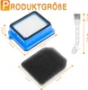 Product dimensions are shown for vacuum cleaner filters and a cleaning brush. Produktbild-Vorschau