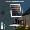 Diagram showing the specifications and components of a solar-powered LED pendant light. Produktbild-Vorschau