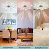 Collage showing a ceiling fan/light fixture in three different room settings: a dining room, a living room, and a bedroom. Produktbild-Vorschau