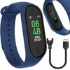 A close-up of a blue fitness tracker and its charging cable against a white background. Produktbild-Vorschau